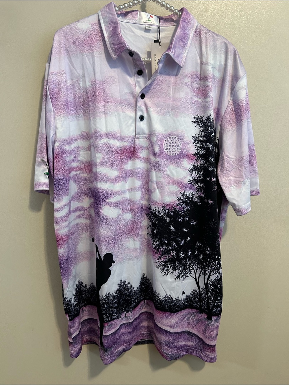 NEW Valentino Dixon Golf Polo Shirt Men XXL Purple Sunset Landscape Graphic Art